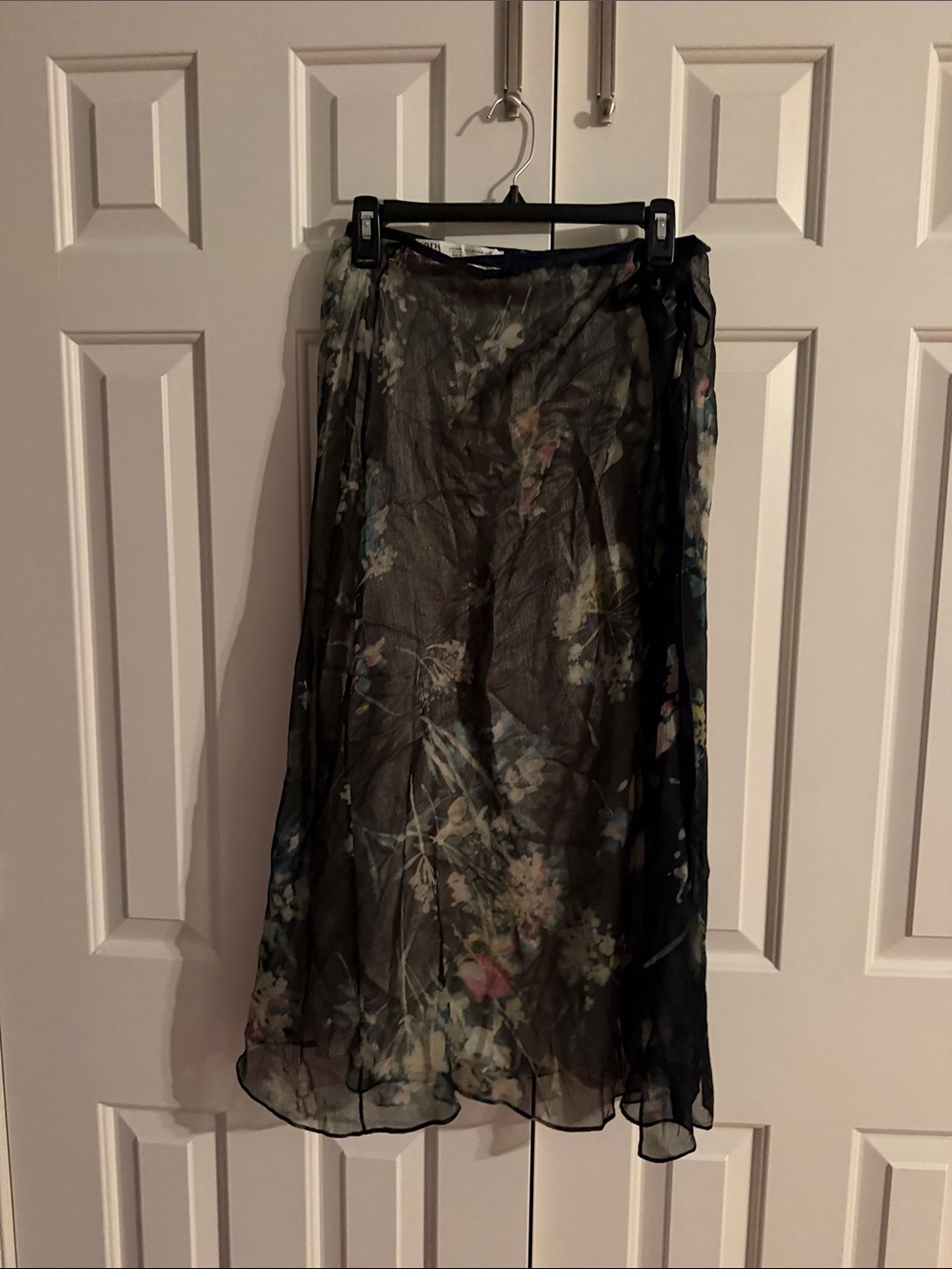 Zara Black Sheer Floral Midi Faux Wrap Skirt